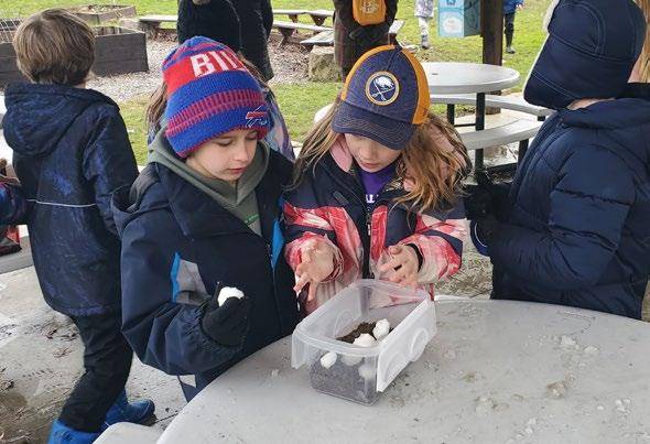 Students sowing seeds into a plastic container.